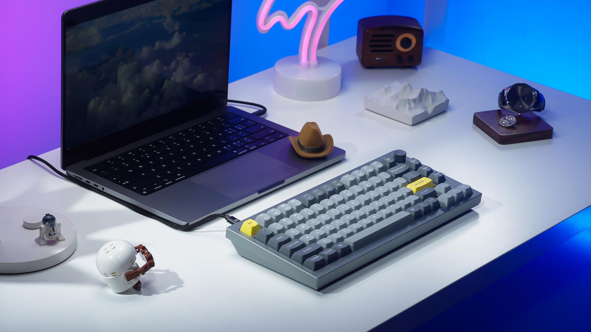 Keychron Q1 QMK VIA 75% layout custom mechanical keyboard with rotary encoder knob version Keychron Q1 QMK VIA 75% layout custom mechanical keyboard with rotary encoder knob version with double-gasket design and screw-in PCB stabilizer and hot-swappable south-facing RGB also with Barebone US ANSI or ISO layout with black grey blue frame