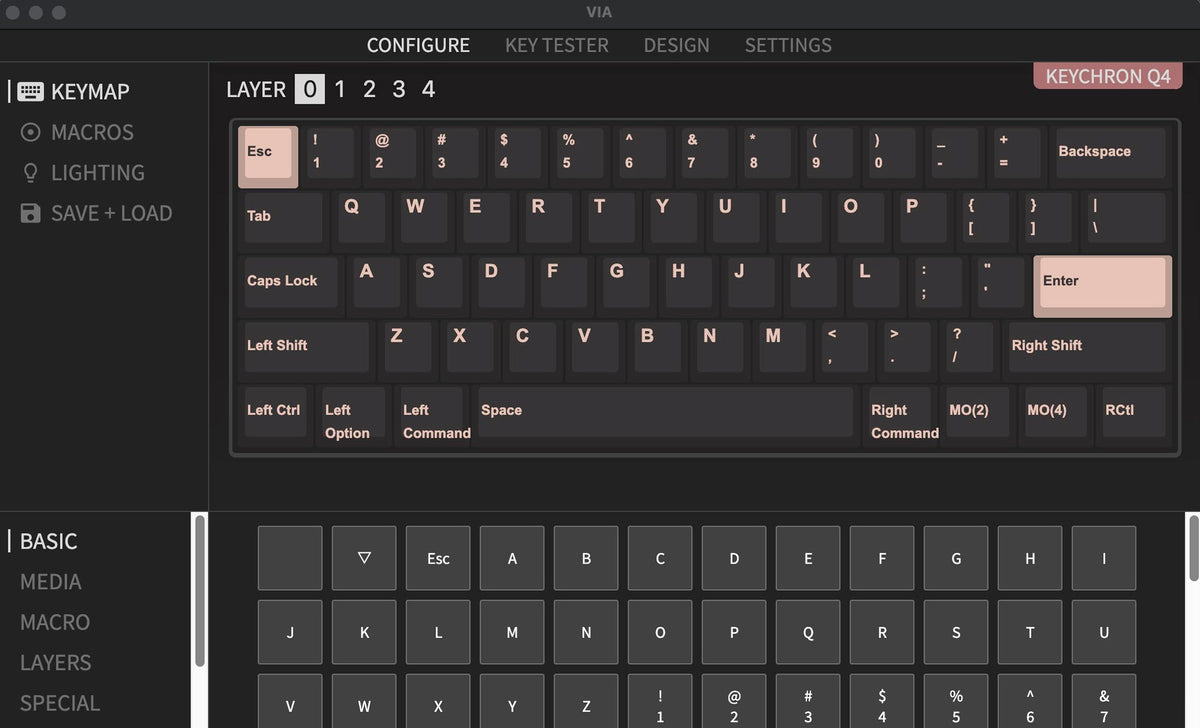 QMK VIA screen capture of Keychron Q4 60% Percent Layout Mini Custom Mechanical Keyboard QMK VIA screen capture of Keychron Q4 60% Percent Layout Mini Custom Mechanical Keyboard