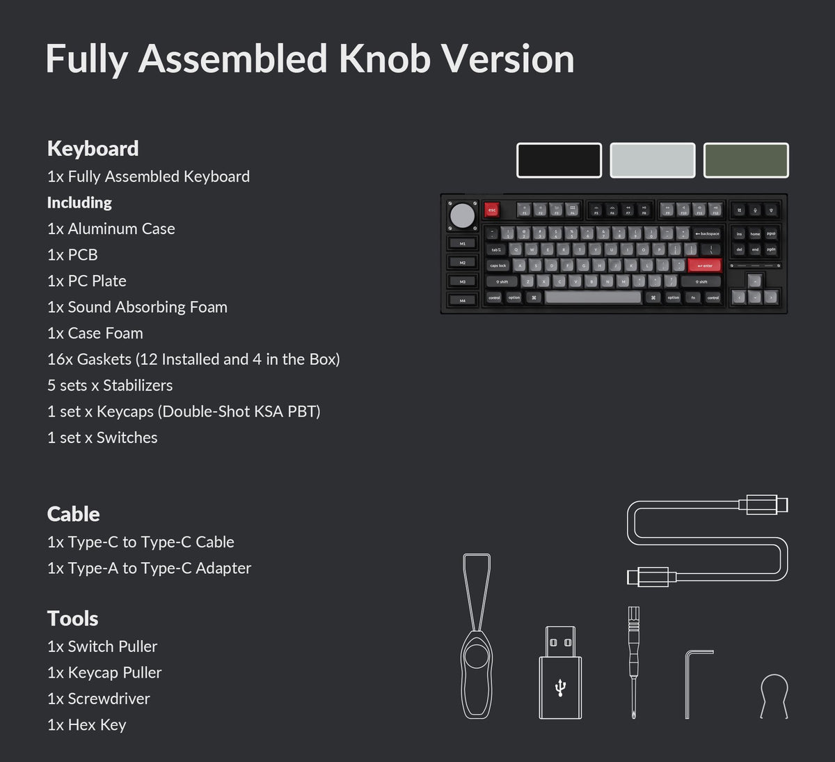 Package list of the Keychron Q3 Pro QMK/VIA 80% layout wireless custom mechanical keyboard fully assembled knob version Package list of the Keychron Q3 Pro QMK/VIA 80% layout wireless custom mechanical keyboard fully assembled knob version
