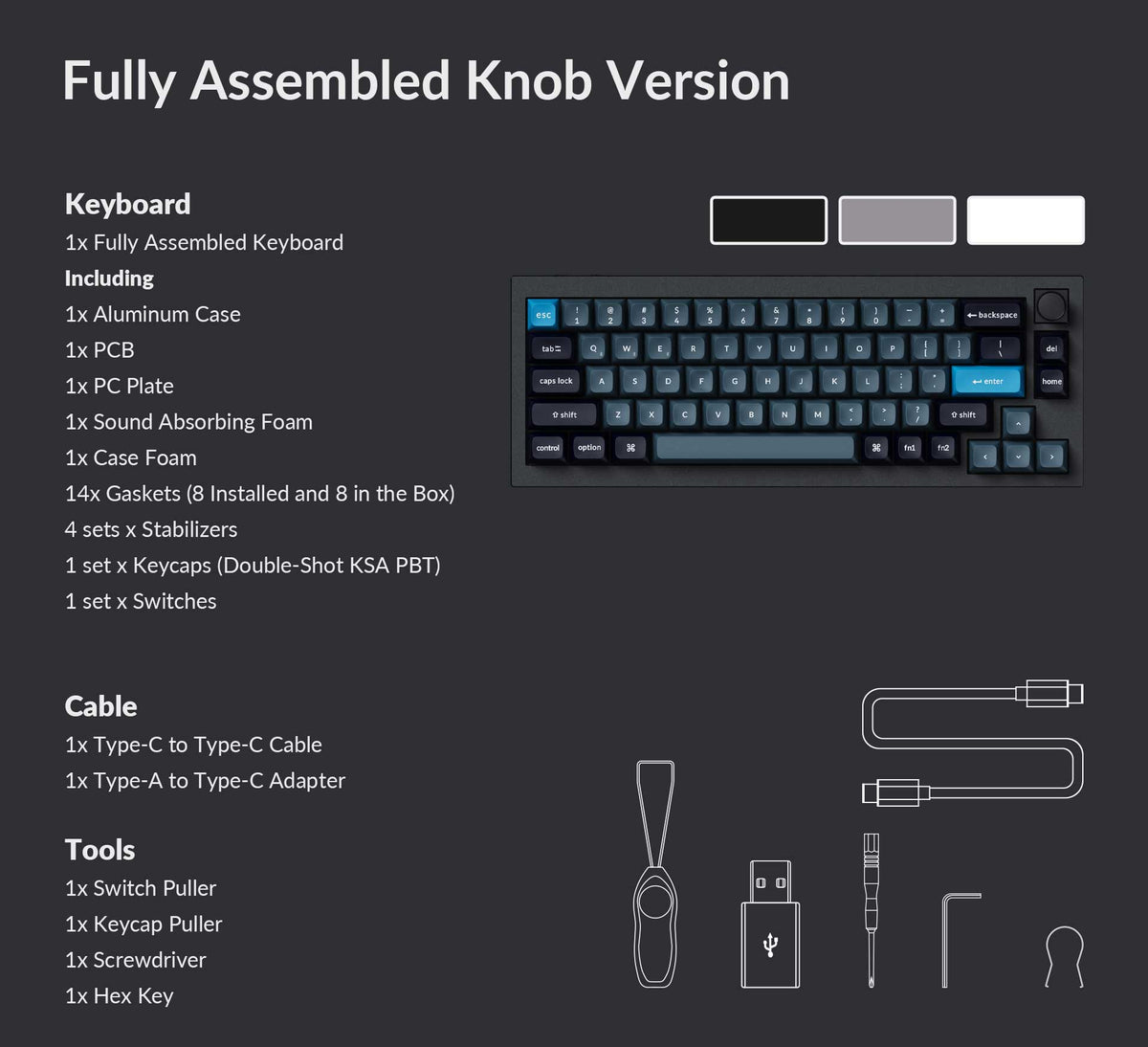 Package list of Keychron Q2 Pro QMK/VIA 65% layout wireless custom mechanical keyboard fully assembled knob version Package list of Keychron Q2 Pro QMK/VIA 65% layout wireless custom mechanical keyboard fully assembled knob version